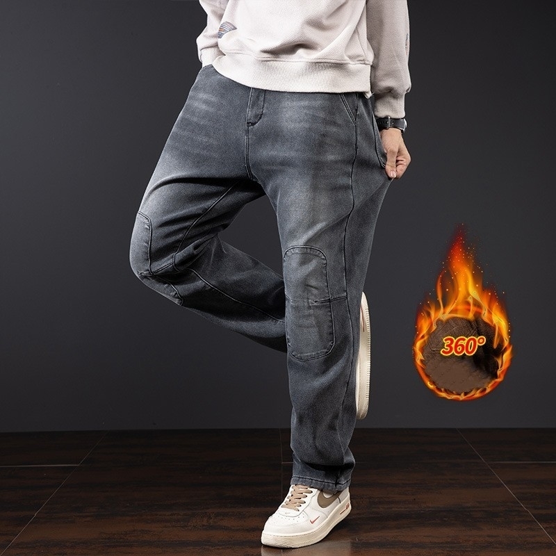 Winter Mens Spliced Jeans Brushed Thick Hip Hop Baggy Warm Denim Pants Casual Cargo Trousers Loose Jean Bottoms 241010