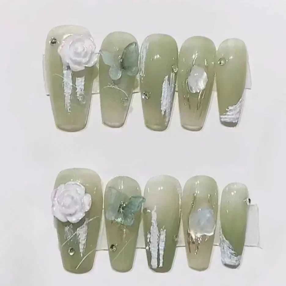 10pc Detachable Long Ballet Green False Nails with Camellia Butterfly Full Cover Press on Acrylic Nail Coffin Korean Style NailsXJ241025