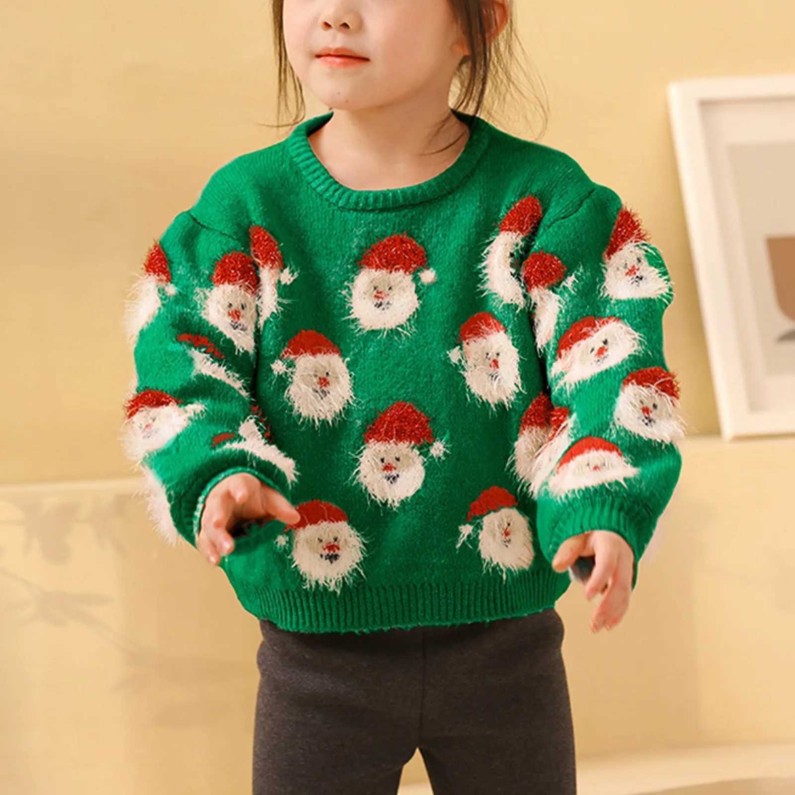 Childrens Christmas Knitted Sweater Cute Santa Claus Head Pattern Crewneck Pullover Sweater Childrens Winter Warm Wool Jumper Coat W241025