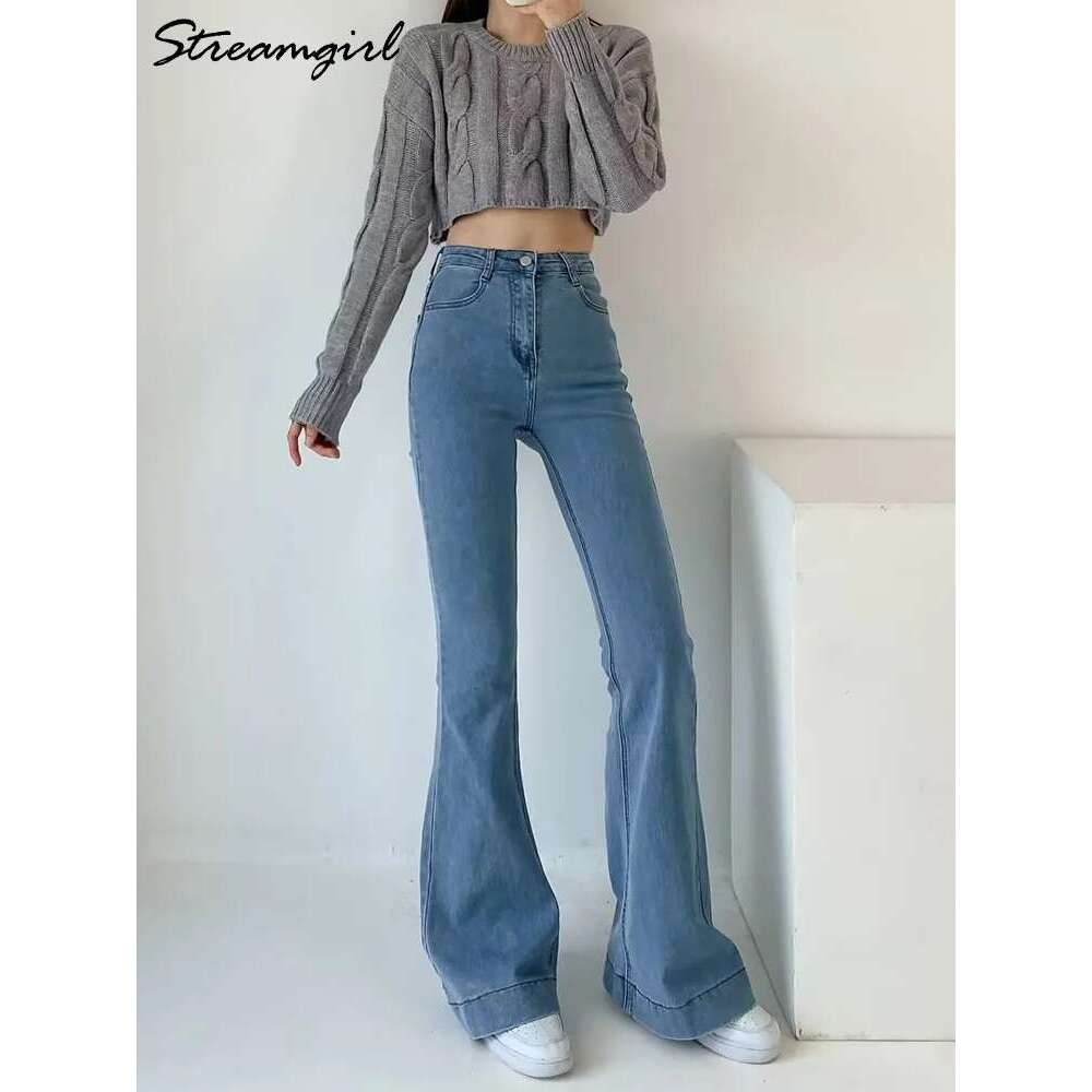 Elastic Stretch Full Denim Pants Soring Black Skinny Jean High Waist Flare Leg Blue Jeans For Women