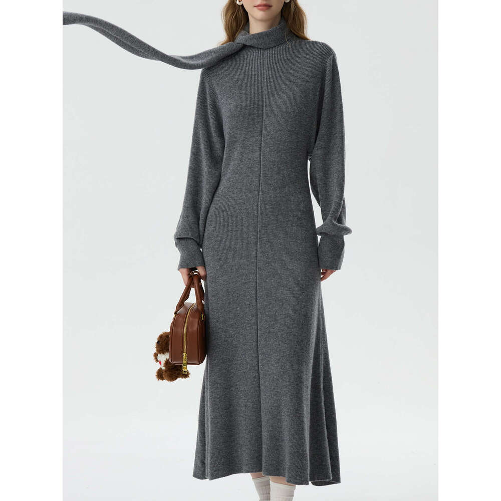 FSLE 33.8% Wool Half High Neck Knit Grey Elegant Women 2024 Winter New Design Bat Sleeve Gentle Dress No Scarf 24Fs14378