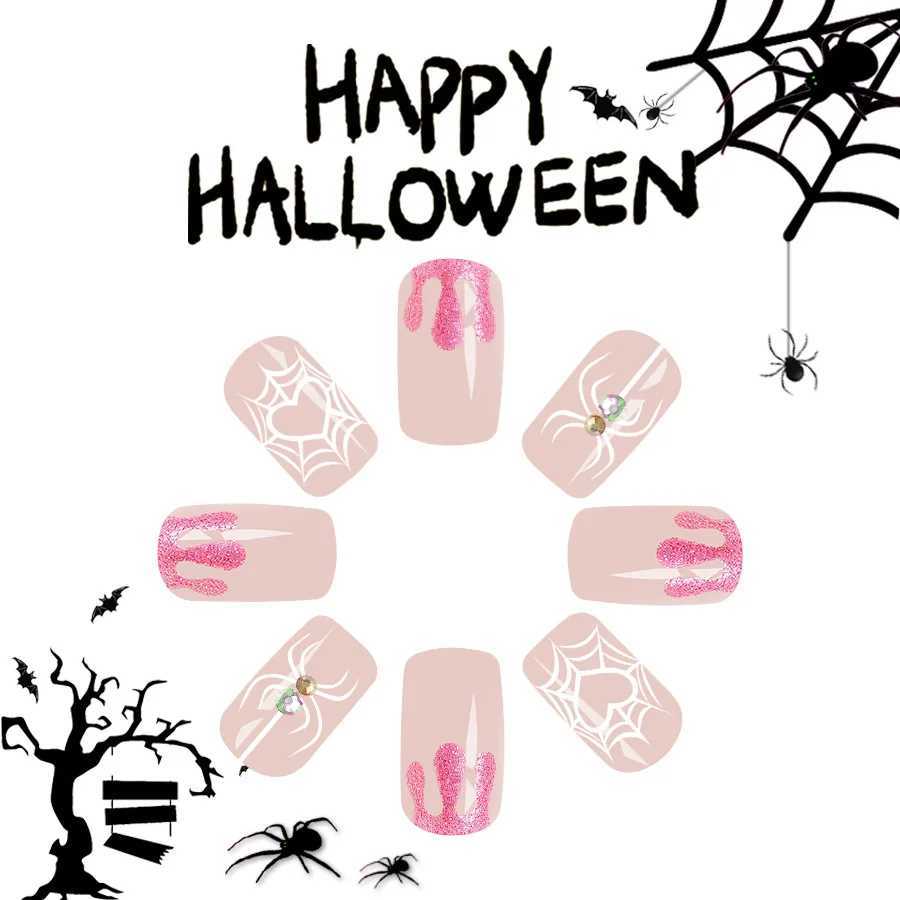 24pcs Halloween Short Fake Nails Ins Simple Shiny spider web Design False Nails for Women Wearable Detachable Press on NailsXJ241025