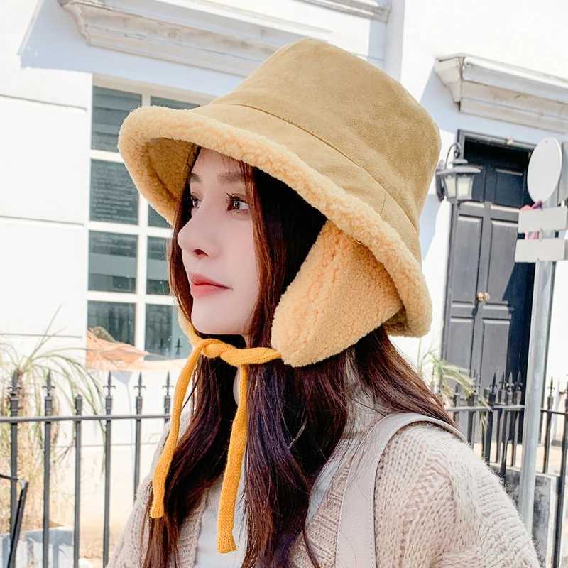 Fashion Winter Women Thick Bucket Hats with Earmuffs Lamb Wool Warm Ear Protector Fisherman Hat Autumn Plush Velvet Panama CapsX241025