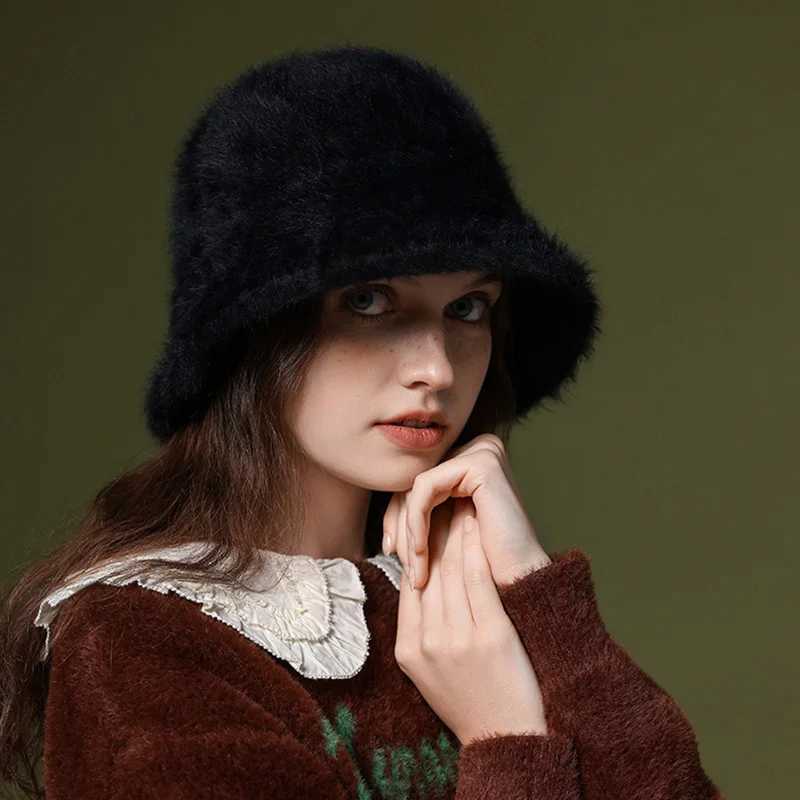 Gradient Rabbit Fur Fisherman Cap Beanies for Women Plus Velvet Warm Bucket Hat Winter Windproof Thickened Adjustable Basin HatsX241025