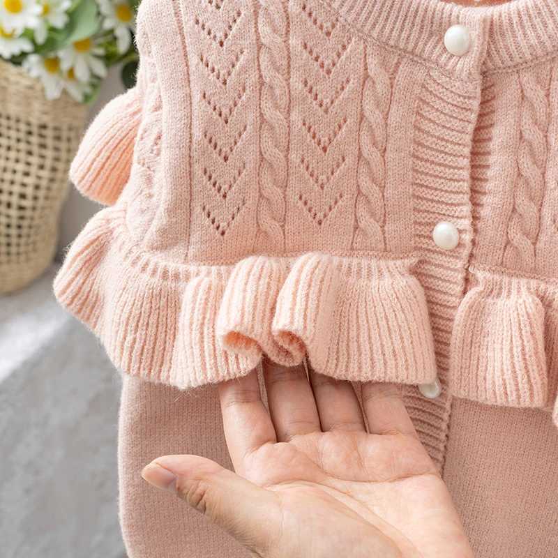 Pudcoco childrens autumn knitted cardigan wool sweater solid color pleated long sleeved crew collar button down sweater 1-5T W241025