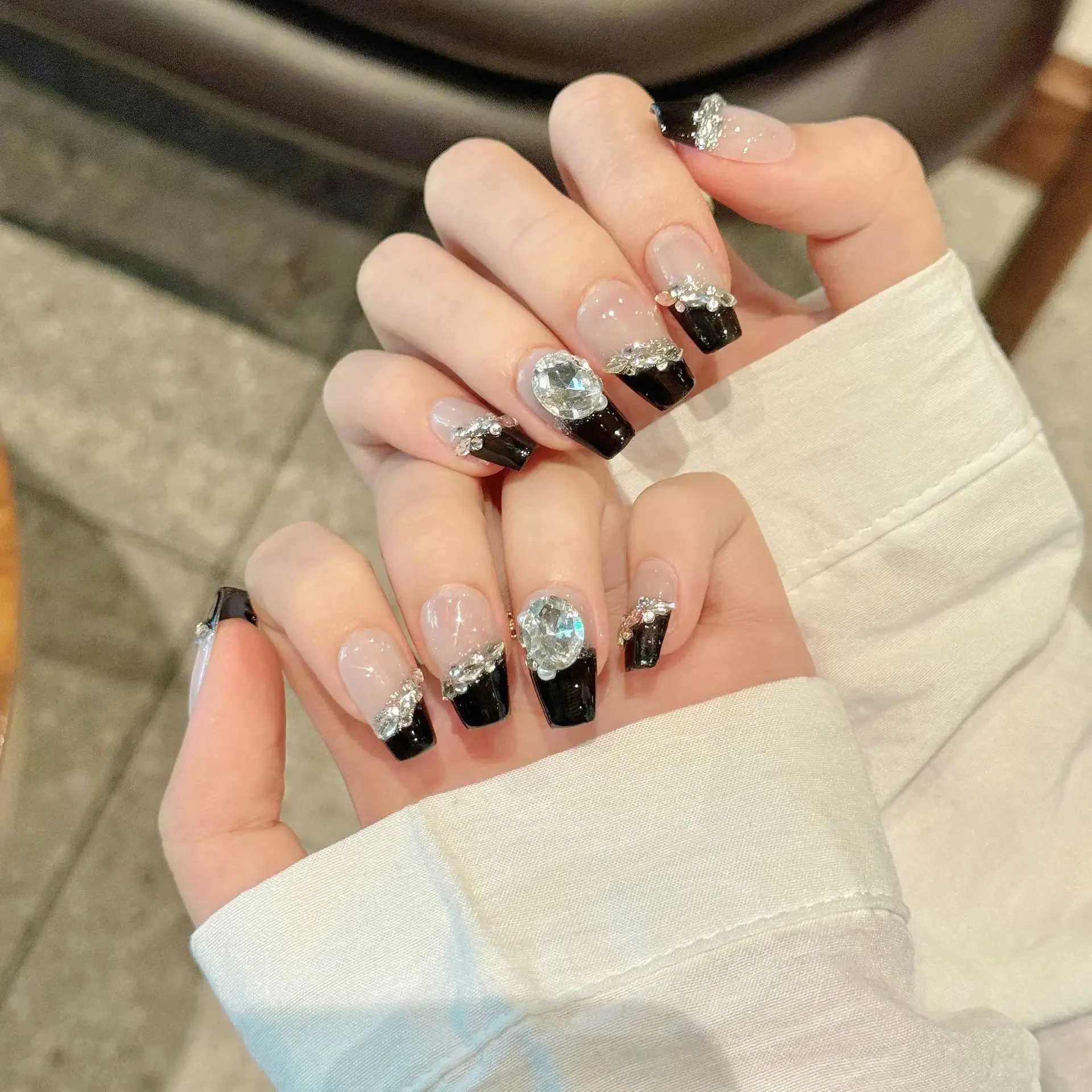 10Pcs French Handmade Press on Nails Black Fake Nails Wearable Stick-on Nail Full Cover False Nail Uas PostizasXJ241025