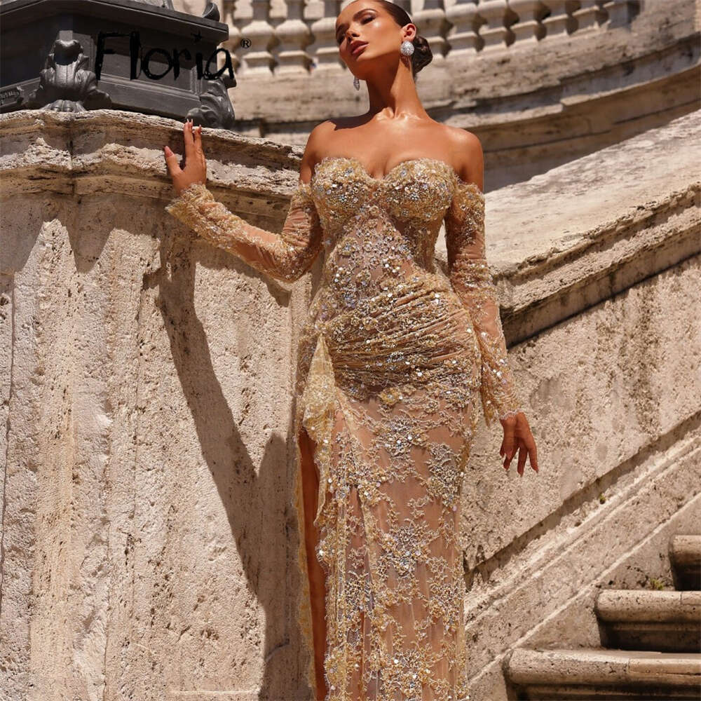 Champagne Lace Off Shoulder Wedding Dress Mermaid Deep Sweetheart Necke Side Split Bridal Gowns Custom Vestidos De Novias