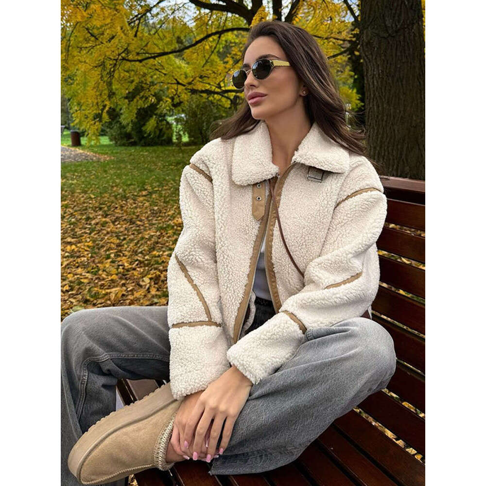 Women Adjustable Double Pockets Long Sleeve Plush Coats Fashion Patchwork Lapel Zipper Lamb Wool Jacket 2024 Winter Lady Outwear
