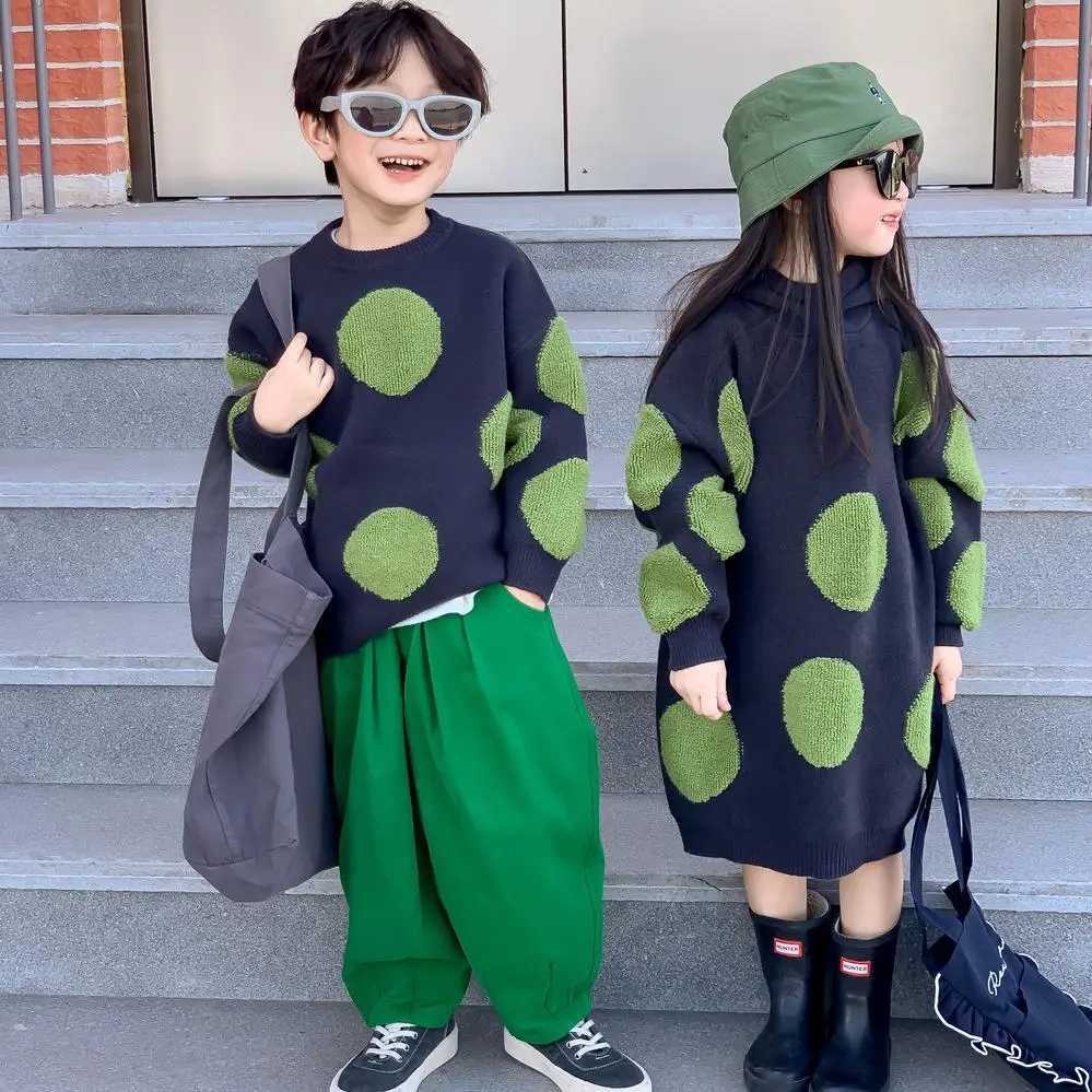 New Autumn Brothers and sisters Clothing Childrens Leisure Knitting Boys Knitting Dots Lacquered Sweaters Girls Baby Cotton Knitting Dress W241025