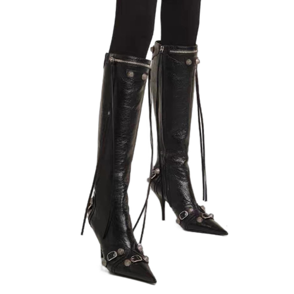 Black Pointed Toe Knee Boots hot for Women - Rivet Super High Heel Thin Heels Party Shoes