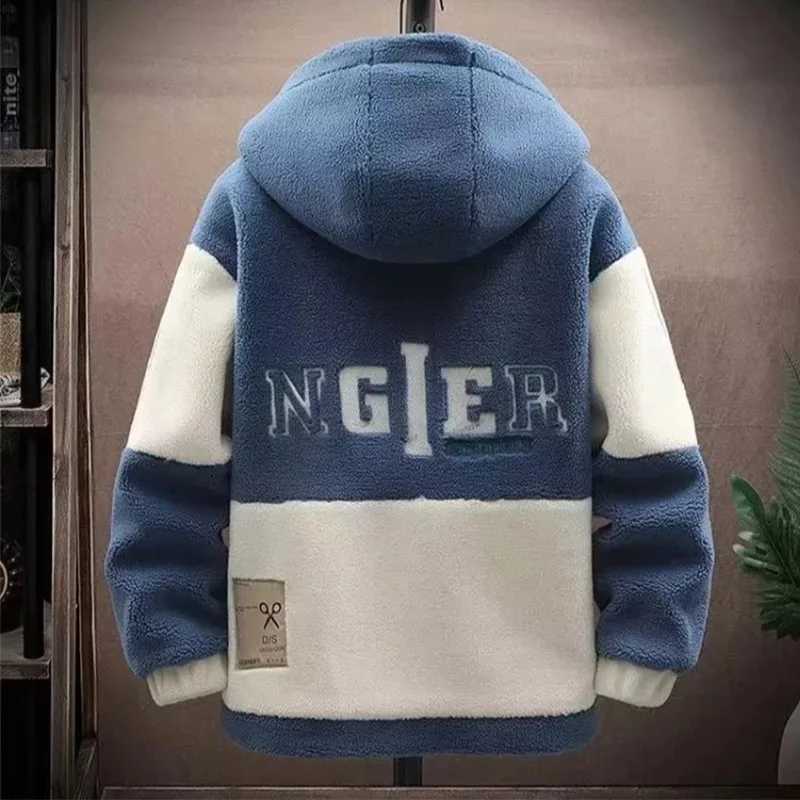 Winter and autumn granular Flce thick T-shirt mens jacket casual hooded Lambswool color matching Kp warm and fashionable W241024