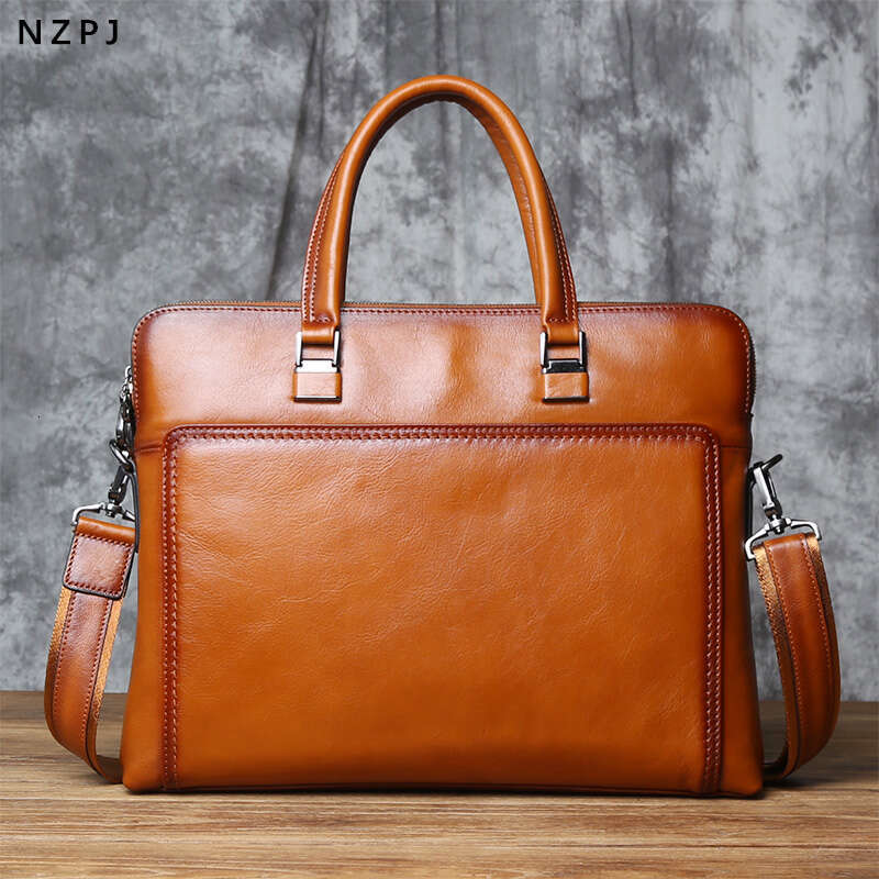 Vintage Genuine Leather Men's Briefcase Natural Cowhide Horizontal Handbag Business Crossbody Casual Computer Bag