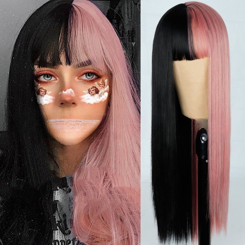 Wig for women long straight black and gray yin and yang colors fashion chemical fiber wig