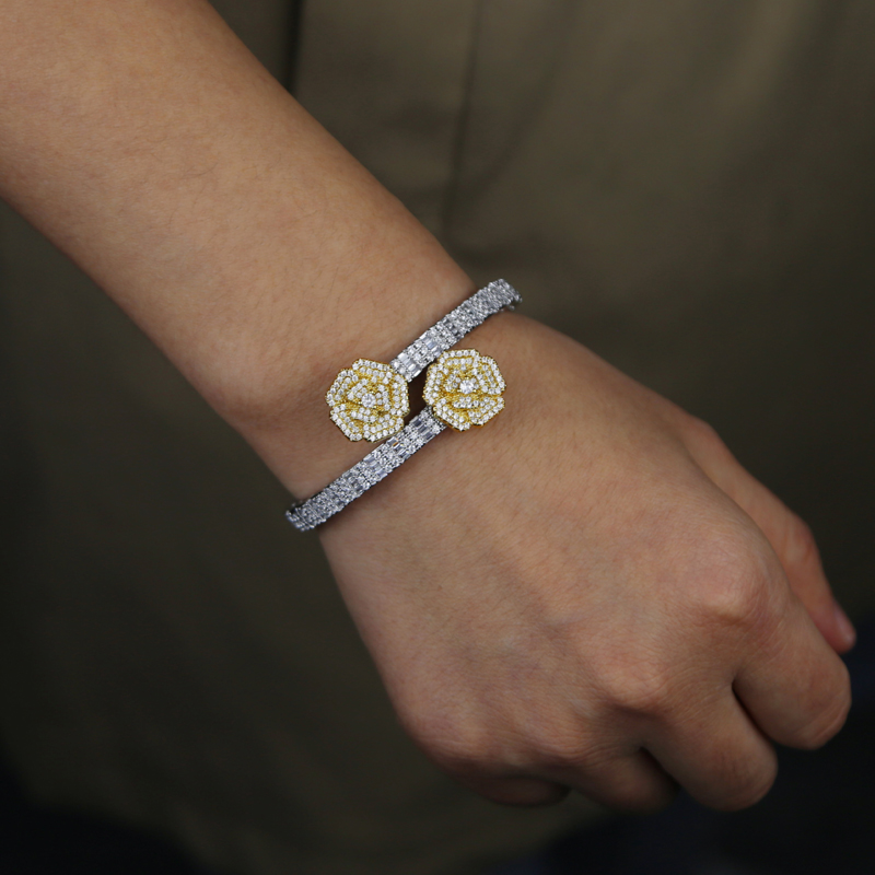 Fashion Flower Cubic Zircon Charm Bracelet Bling Cz Paved Iced Out Opened Rose Bangle for Men Women Hip Hop Luxury Jewelry