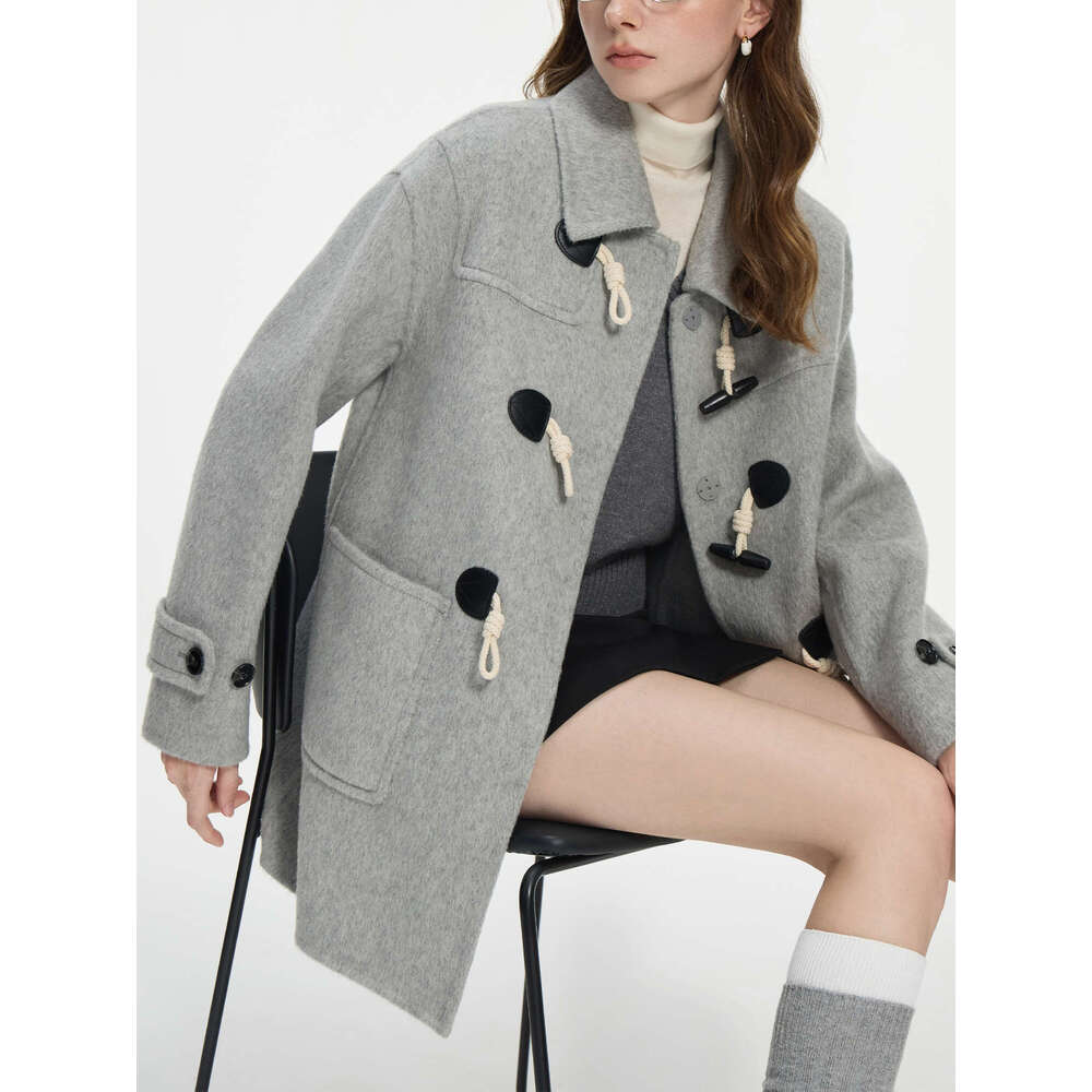 FSLE 100% Wool Two Color College Style Cowl Button Reversible Tweed Coat For Women 2024 Winter New Design Casual Jacket24fs14239