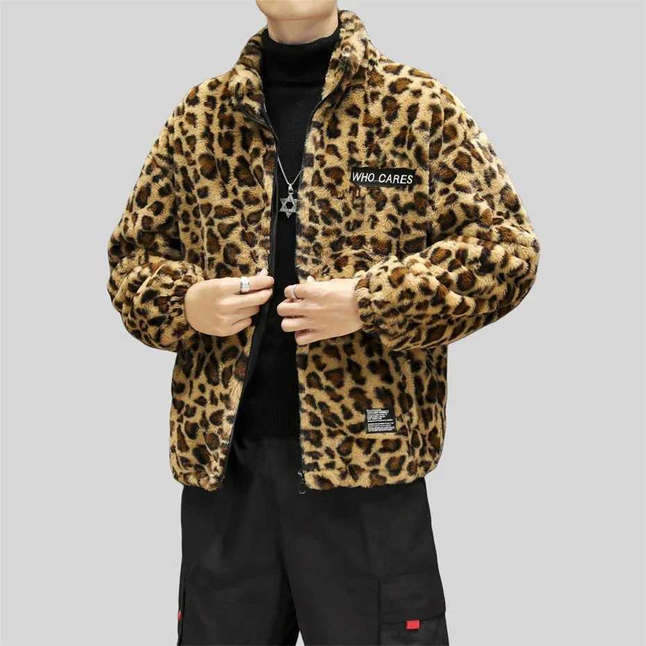 Mens winter Flce jacket leopard print wool jacket mens thick warm mens clothing oversized casual mens jacket W241024