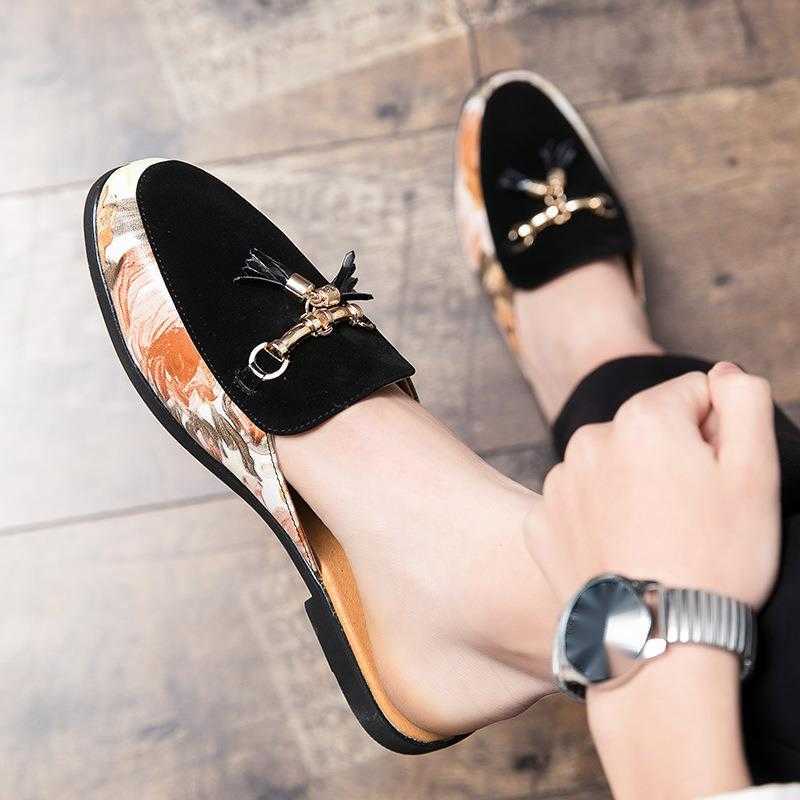 Men Dress Shoes Summer Breathable Half Slippers Mens Korean Version Casual One Foot Lazy Cool Slippers Bean Shoes Small Leather Shoes 241009