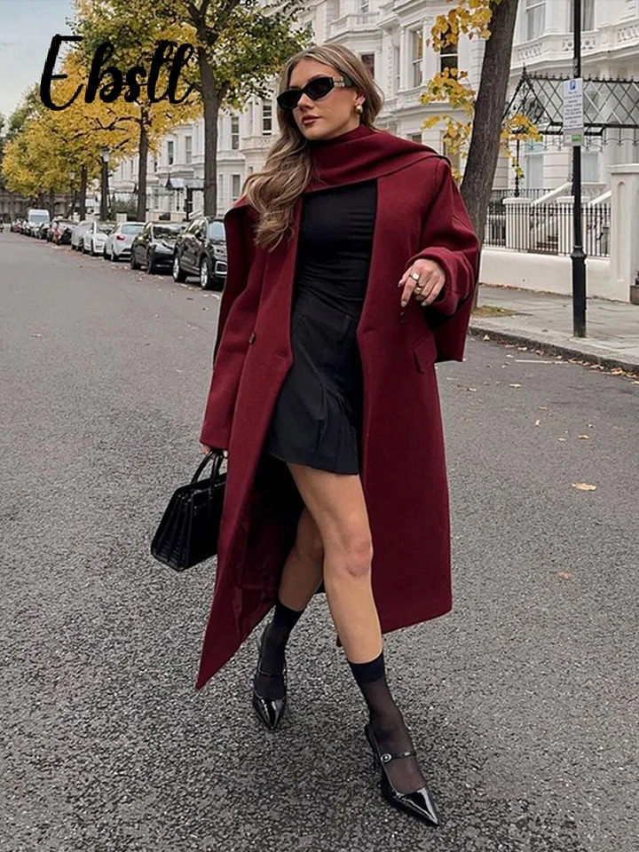 Wine red wool coat with scarf elegant womens full sleeves double chest long coat womens streetwear for autumn and winter 241024