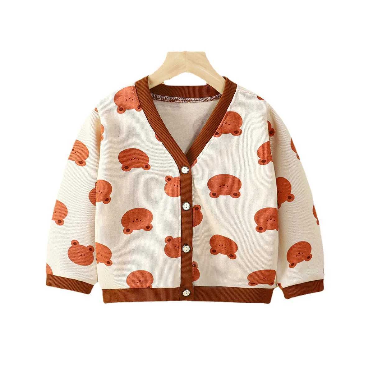 Childrens girls cardigan wool sweater spring autumn long sleeved single chest cartoon bear print V-neck baby girl top childrens girl jacket W241025