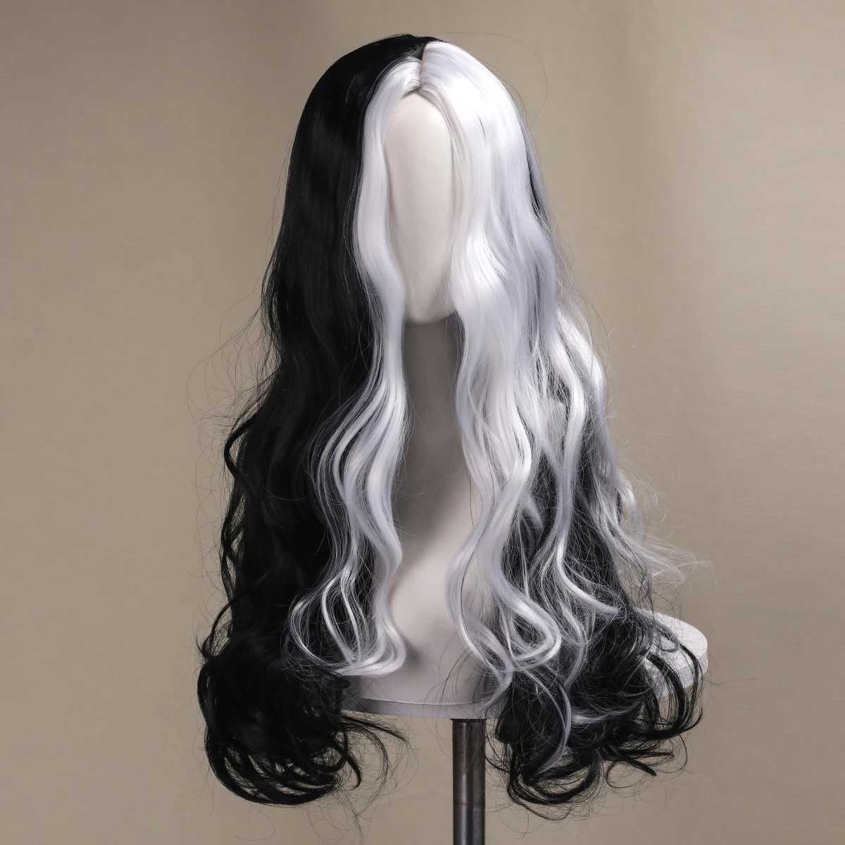 28 inch long scroll black and white composite Wig used for holiday parties and Halloween role-playingW241025