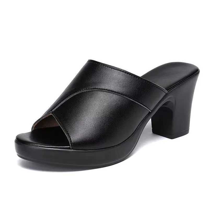 High Quality Summer high-heeled womens slippers with new soft leather sole and anti womens flip sandals T241024