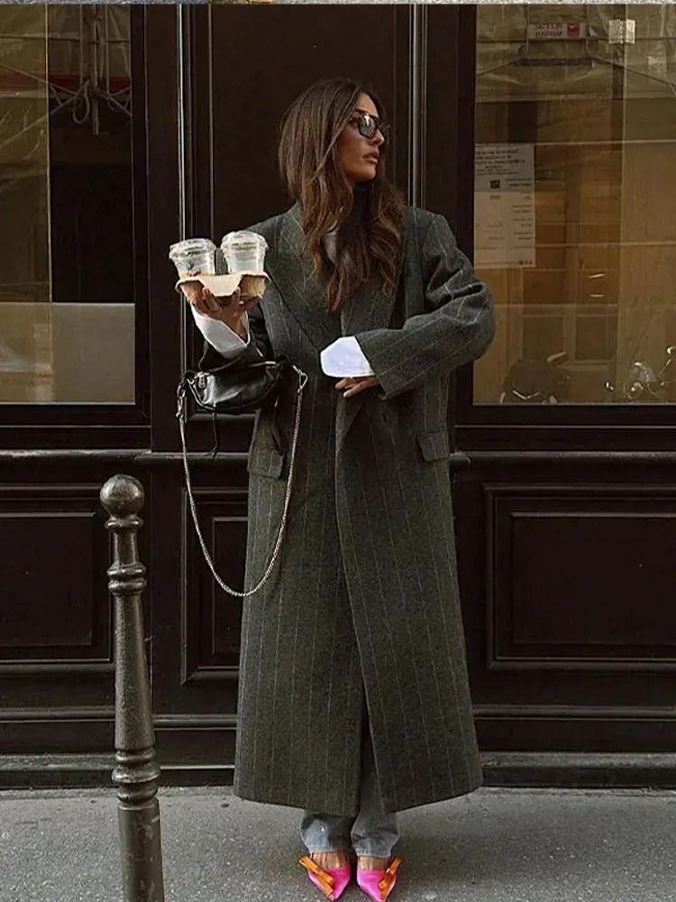 Retro striped lapel wool long coat for womens casual loose dark gray oversized coat for womens winter elegant and chic coat 241024