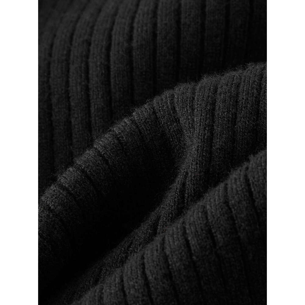 FSLE Elegant Lapel Knit Splicing Chic Black For Women 2024 Autumn Winter New Design Versatile Casual Long Dress 24Fs14251