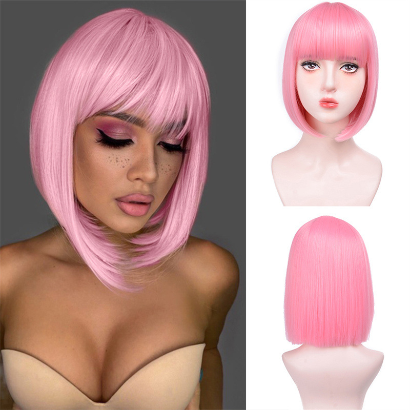 Wig for women black bangs short straight BOBO synthetic fiber wig full headpiece