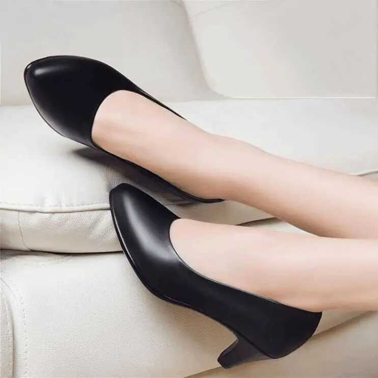 High Quality Thick heel work shoes black mid heel dress leather shoes flight attendant professional freight agent T241024