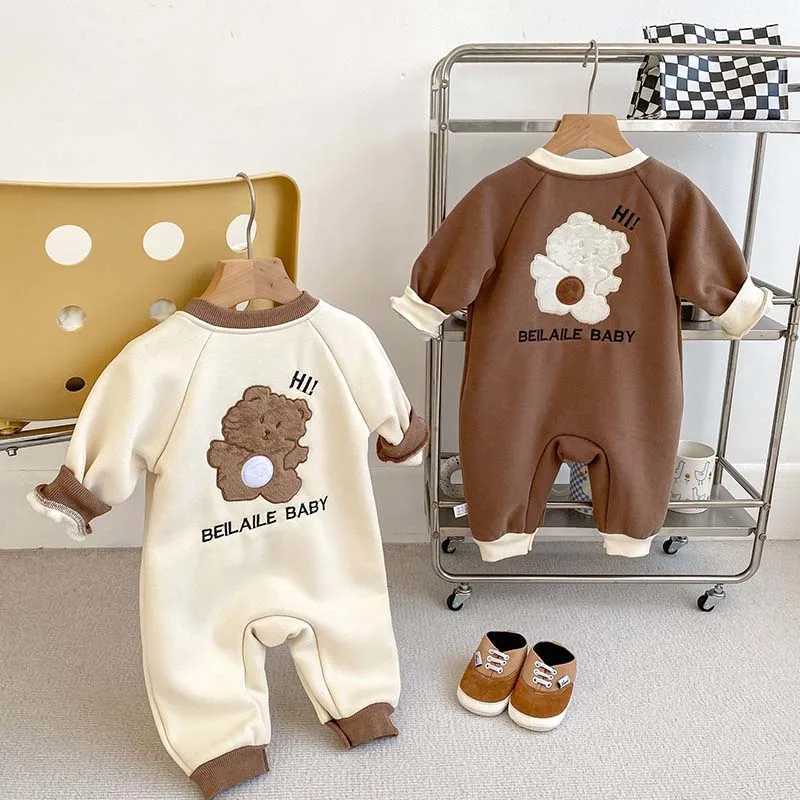 Baby Newborn Rompers Bear Embroidery Jumpsuit Super Cute Boys Plus Velvet Crler Suit Infant Autumn Winter Clothes 2024XJ241025