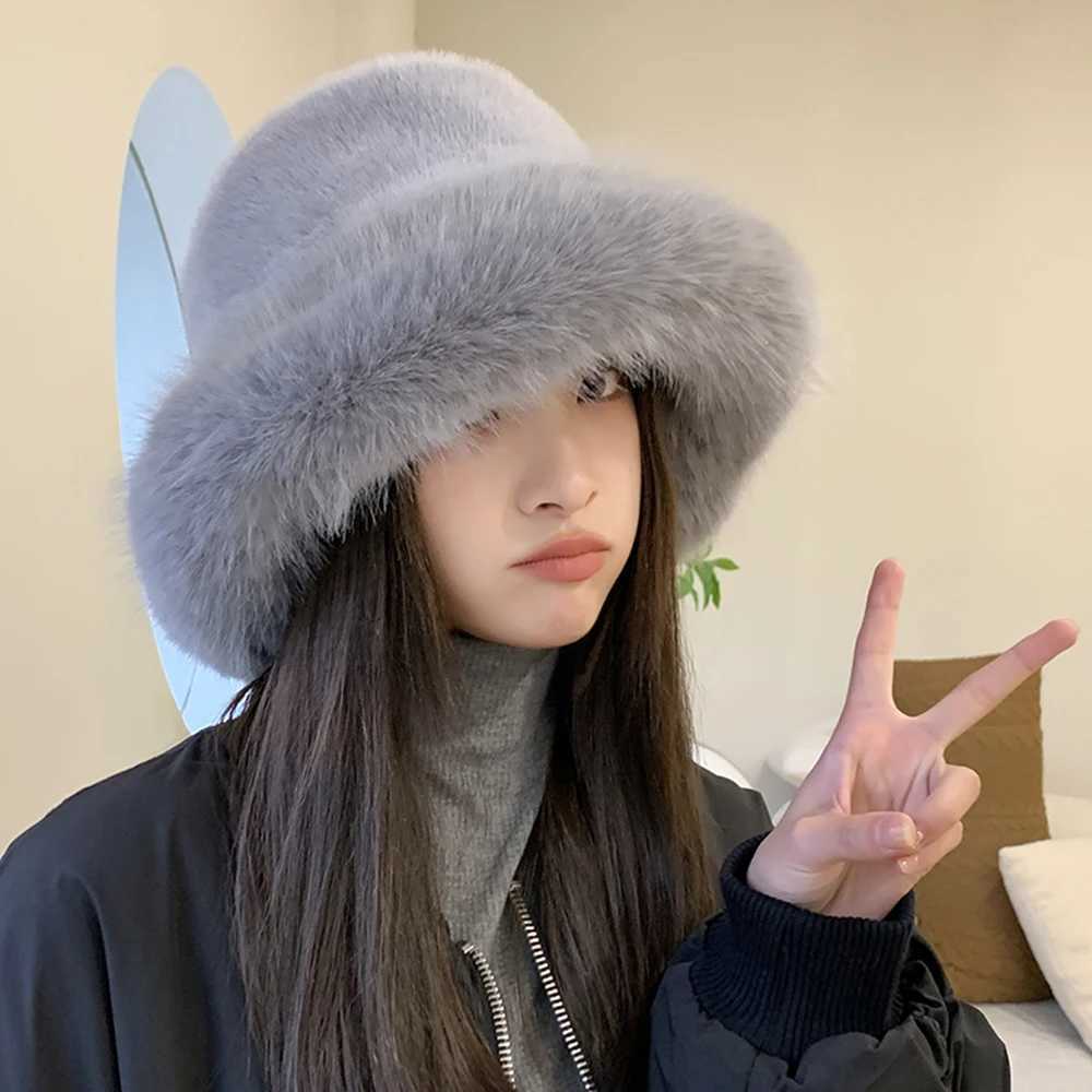 2024 Fluffy Faux Fur Bucket Hats Women Rabbit Fur Warm Thick Plush Winter Hat Lady Fashion Luxury Panama Furry Fisherman Cap Y2kX241025