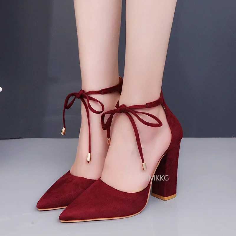 High Quality Sexy Pointed Toe Womens Shoes Square High Heels Lace Up Womens Pump Wedding Belt Blue Womens Shoes Zapatos MUJI Product Size 43 T241024