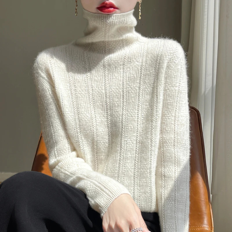 High Neck 100%Merino Wool Sweater Womens Hollow Out AutumnWinter Solid Color Diamond Warm And Soft Knit Jumper Top 241021