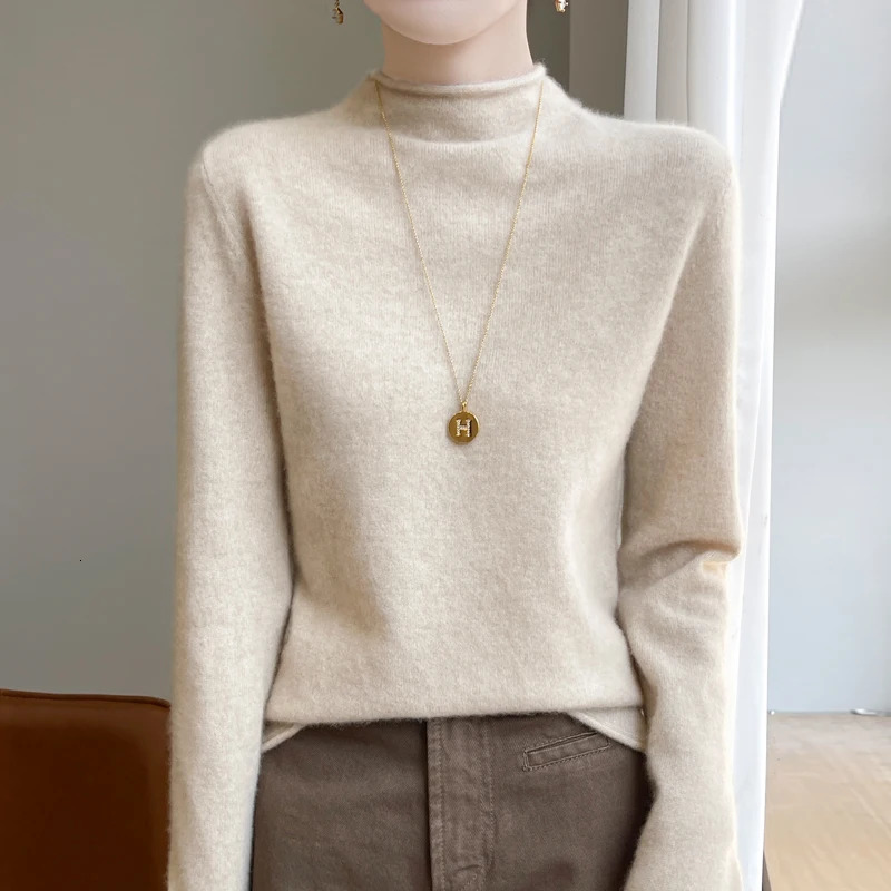 100% Wool Knitted Sweater Women Half High Collar Long Sleeve Tops Autumn Winter Korean Fashion Casual Loose Warm Female Pullover 241021