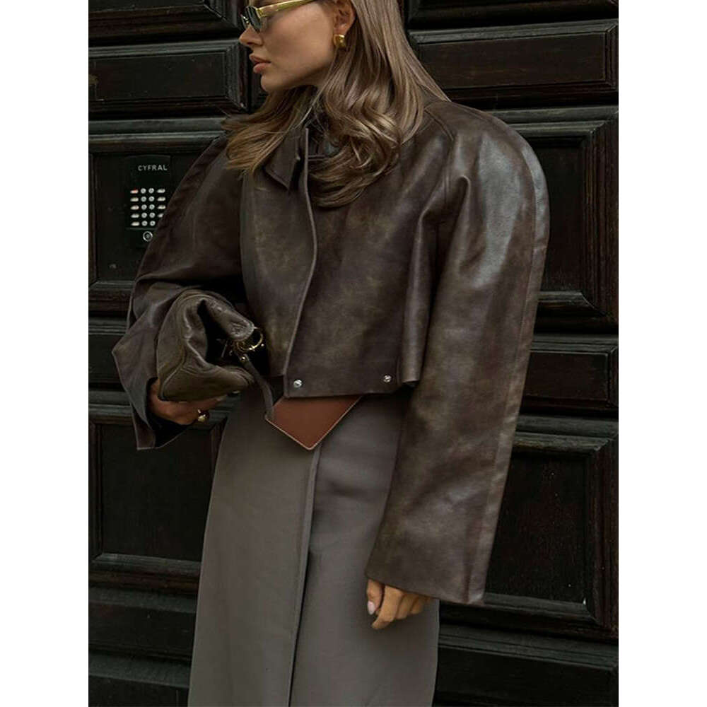 Chic Full Sleeve Neck Adjustable Jacket Vintage Zipper Button Leather Coats New Autumn Female High Street Top Clothing
