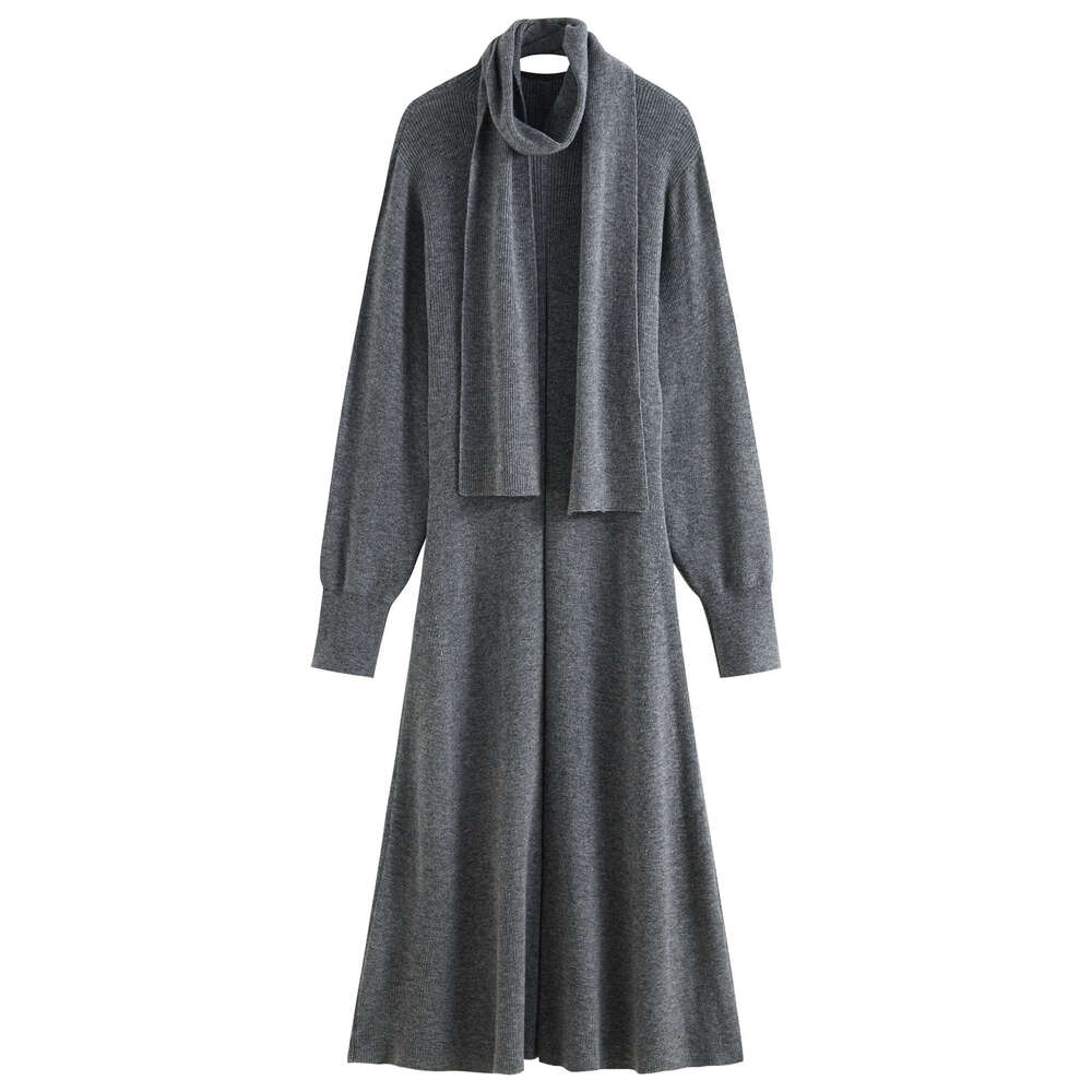 FSLE 33.8% Wool Half High Neck Knit Grey Elegant Women 2024 Winter New Design Bat Sleeve Gentle Dress No Scarf 24Fs14378