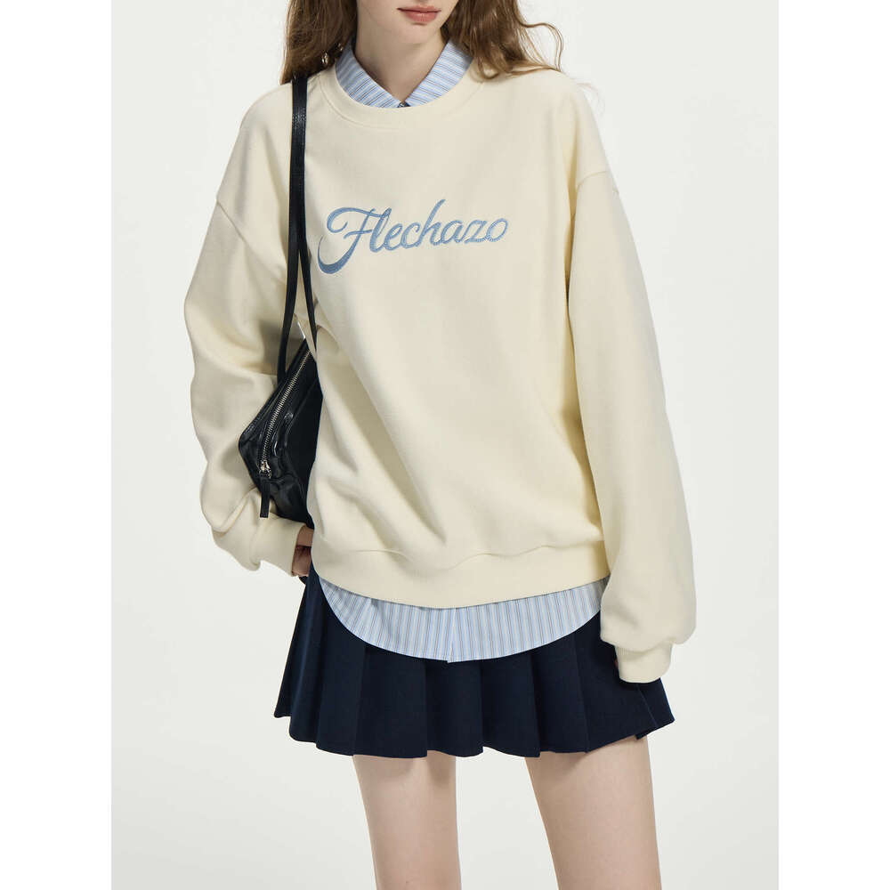 FSLE Sweatshirt Winter Apricot Loose Long Sleeve Pullover Top Letter Printed Women Cotton Round Neck Sweatshirts 24Fs14329