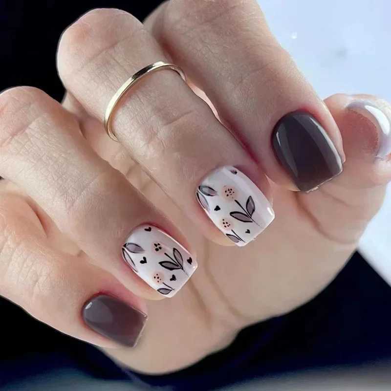 24pcs Short Square Fake Nails with Flower Designs Autumn Fall Pattern Press on Nails Full Cover Nails Tips Ballet False Nail TipXJ241025