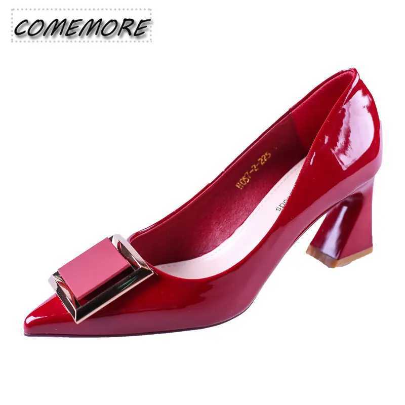 High Quality Square buckle Fi OL office shoes trend womens Ccise patent leather shallow high heels pointed toe womens pump T241024