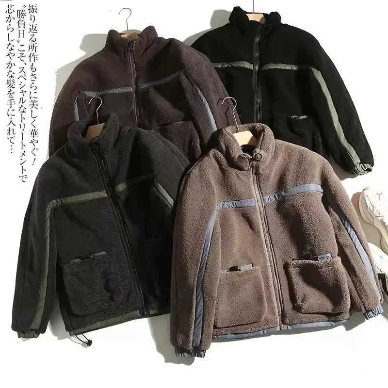 Mens winter warm jacket Lambswool thick wool pocket jacket casual climbing outdoor high neck windproof jacket men 2024 W241024