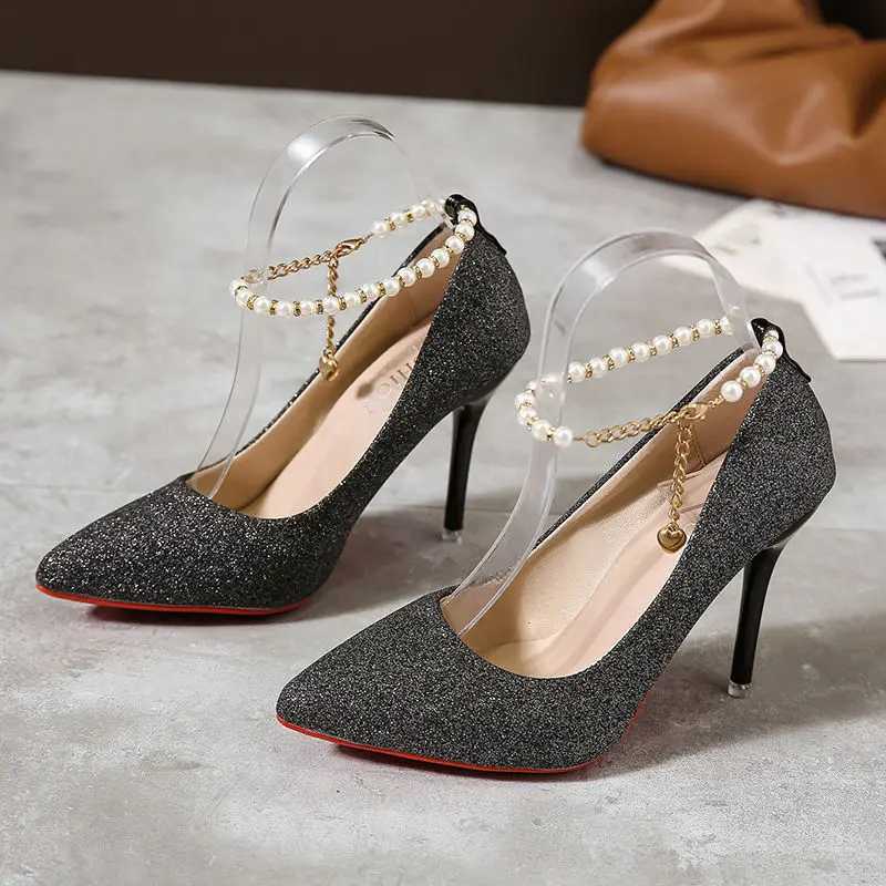 High Quality Pearl pendant bead buckle womens pump gold 7cm/10cm high heel anklet shoulder strap womens party dress shoes Plus size 45 T241024