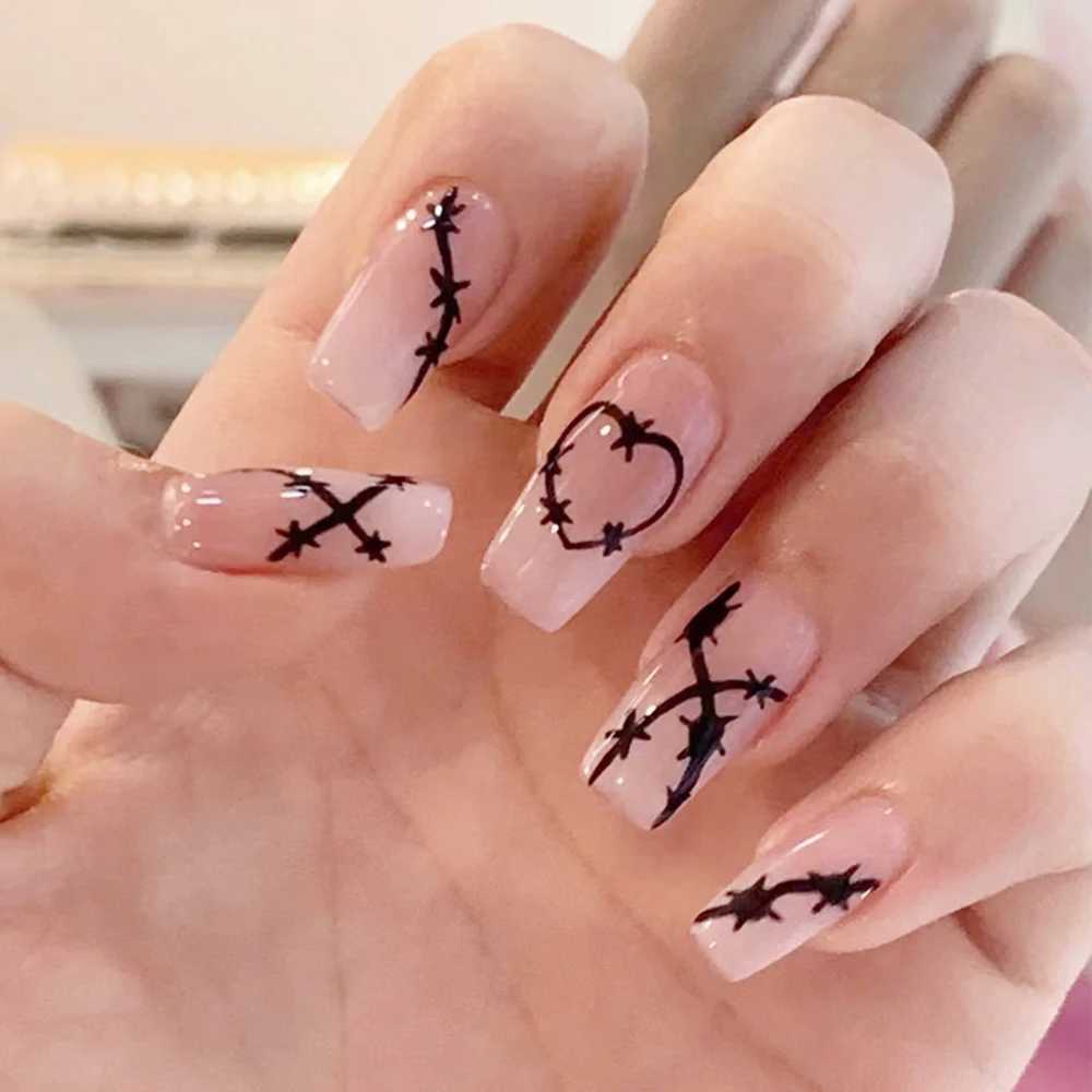 Fashion Black French Press on Nails Tips Y2K Style Clear Fake Nails with Heart Designs Short Ballet False Nails for Women GirlsXJ241025