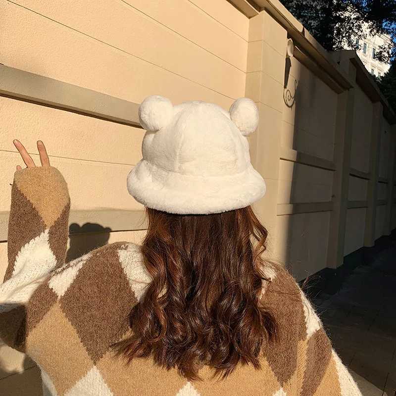 Winter Fashion Cute Leopard Bear Ear Bucket Hat For Women Thick Warm Faux Fur Furly Fisherman Cap Outdoor Protection Soft PanamaX241025
