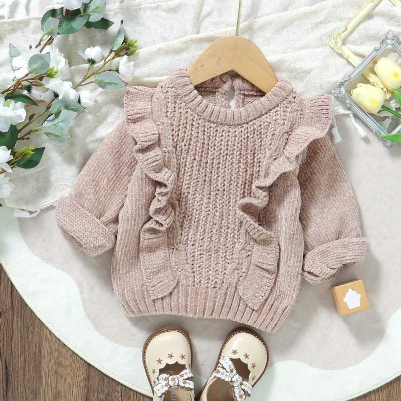 Suefenskry baby girl sweater long sleeved crew collar with ruffled edges solid color winter warm knit floral top baby knit dress W241025