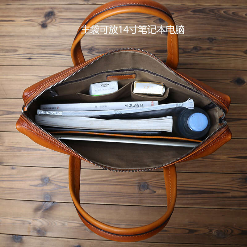 Leather Men Briefcase Natural Cowhide Handbag Vintage Computer Bag Casual Business Shoulder Messenger For 14-Inch Laptop