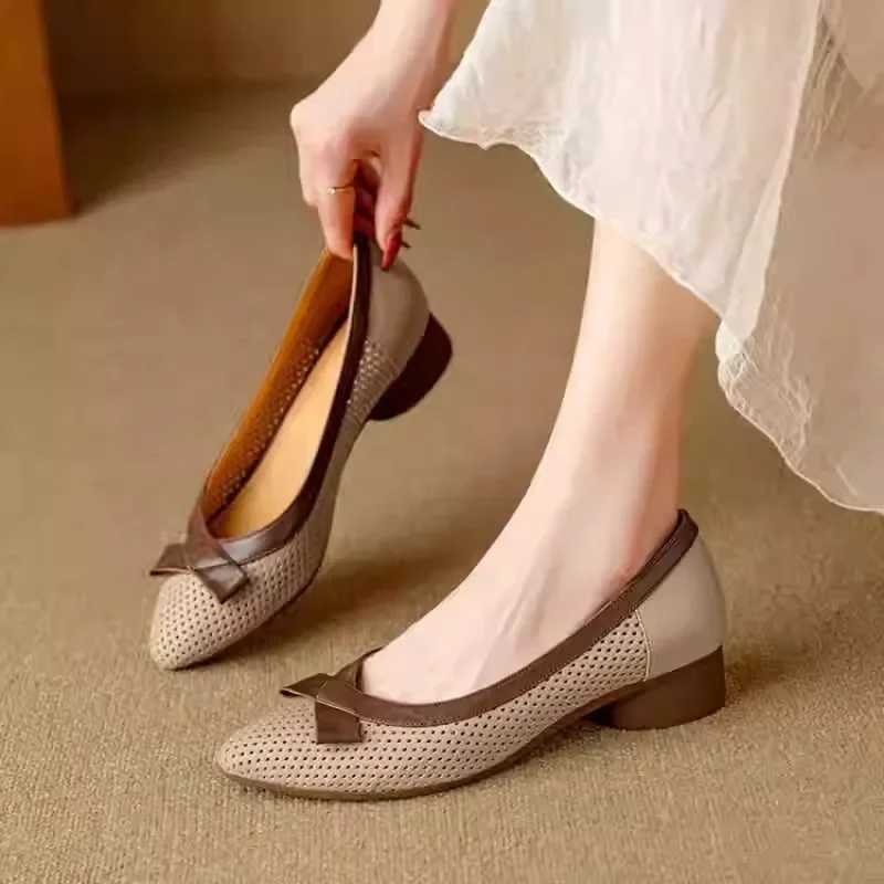 High Quality New genuine leather bow shoes womens hollow breathable pump beige low heel retro womens luxury shoes T241024