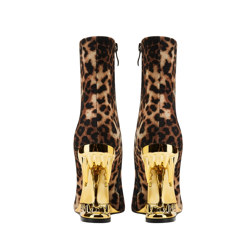 Kaky's New Leopard Print Pointed Toe High Wolf Teeth Slope Heel Large Women's Short Boots