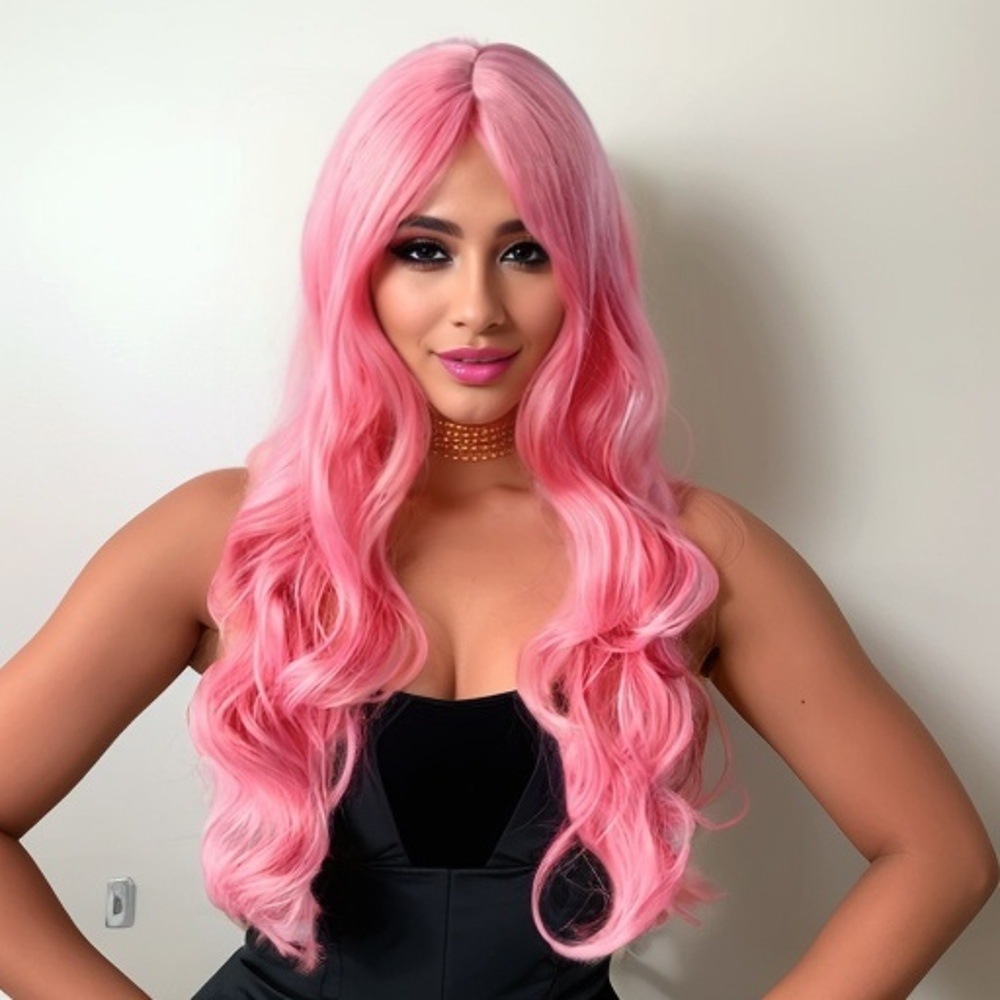 Wig for women with middle-parted bangs long hair and big waves pink wigs