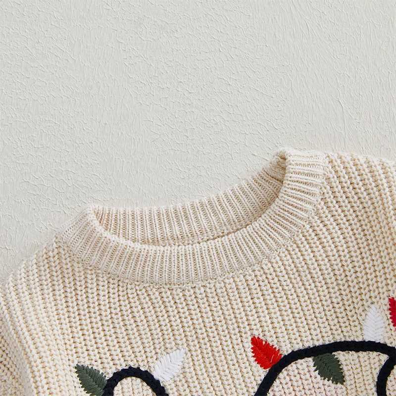 Girl and Boy Christmas Knitted Sweater Long Sleeve O-Neck Beaded Lamp Embroidery Pulling Flower Knitted W241025