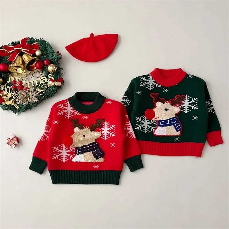 1-6 year unisex childrens Christmas knitted sweater with long sleeves reindeer embroidery latte art knitted for babies and boys W241025